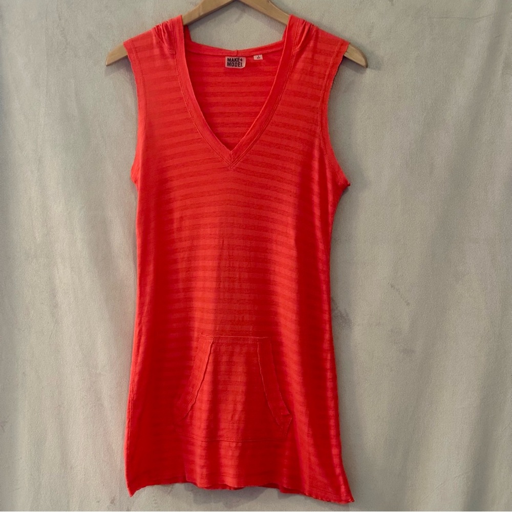 Orange/Red striped swimsuit coverup with hood and front pocket